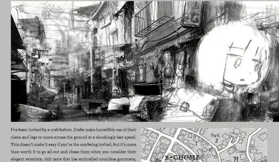 invitation from a crab header A person wearing a backpack walks through a street of apartments. Beneath reads a paragraph of text: I've been invited by a crab before.