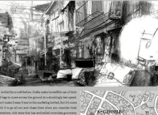 Beat’s Bizarre Adventure: A surprising INVITATION FROM A CRAB A person wearing a backpack walks through a street of apartments. Beneath reads a paragraph of text: I've been invited by a crab before.