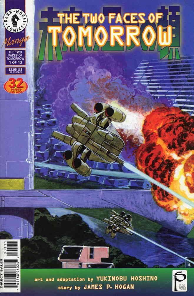 the two faces of tomorrow cover. a ship flies past burning buildings.
