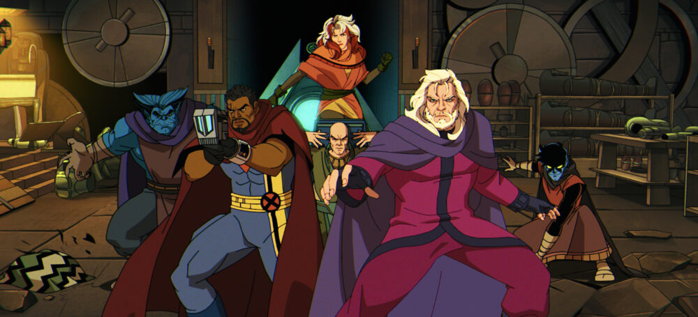 Left to right: Beast (voiced by George Buza), Bishop (voiced by Isaac Robinson-Smith), Rogue (voiced by Lenore Zann), Professor X (voiced by Ross Marquand), Magneto (voiced by Matthew Waterson), and Nightcrawler (voiced by Adrian Hough)
