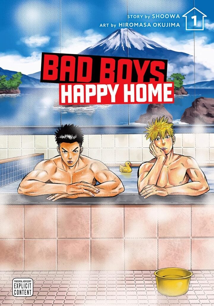 Bad Boys Happy Home cover. Two young men sit in a bath. A mountain can be seen painted on the wall behind him.