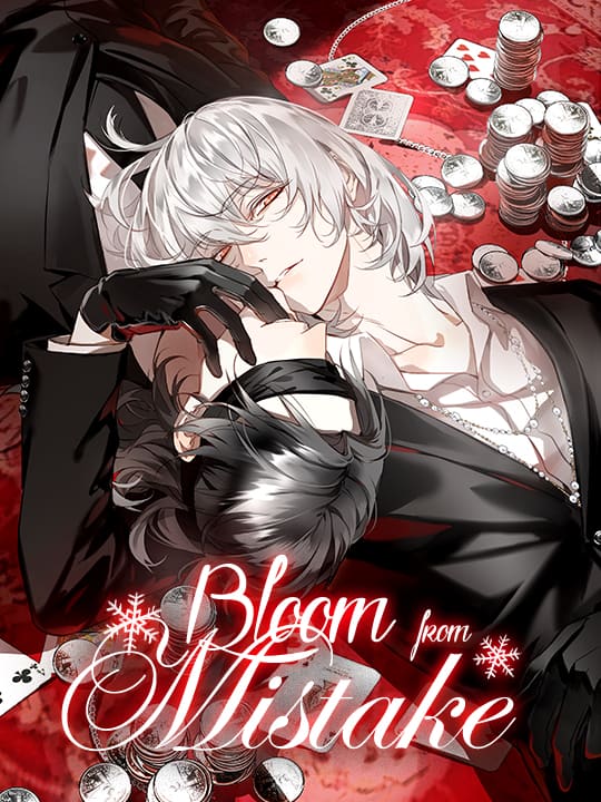 Bloom from Mistake cover image. A man with white hair puts his fingers in a blindfolded man's mouth. Gambling chips and playing cards lie around them on red carpeting.