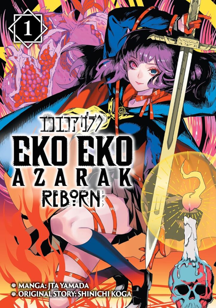 The cover for Eko Eko Azarak Reborn. A girl with purple hair wields a sword. She is wearing a blue jacket and has red ribbons tied around her neck and legs. A candle burns on a skull in the lower right corner.