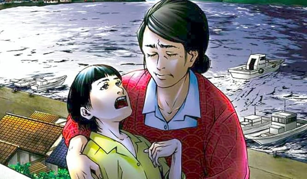 minamata story header The Minamata Story cover. A woman wearing a red sweater holds a spasming child. Water and boats can be seen in the background.