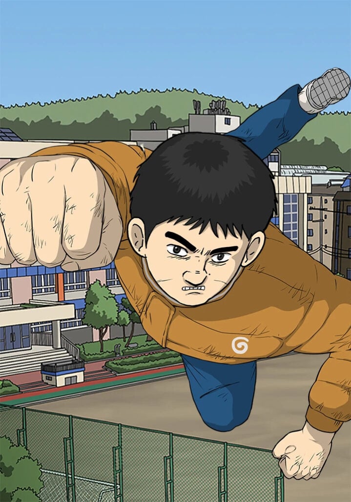 The cover image for Moving. A boy with a determined expression on his face flies through the air, pulling back his arm to punch the viewer. A building and fence can be seen behind him.