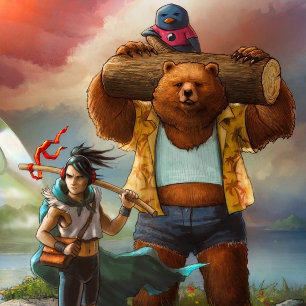 A man wearing headphones stands together with a bear holding a log. A penguin sits on top of the log.