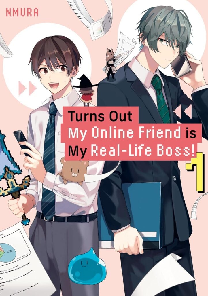 The cover of Turns Out My Online Friend is My Real-Life Boss! Two men stand back to back holding cellphones. The one on the left, who has brown hair, is smiling and holding a pixelated sword. The one on the right, who has grey hair, is holding a file. Various small digital avatars are perched on their bodies.