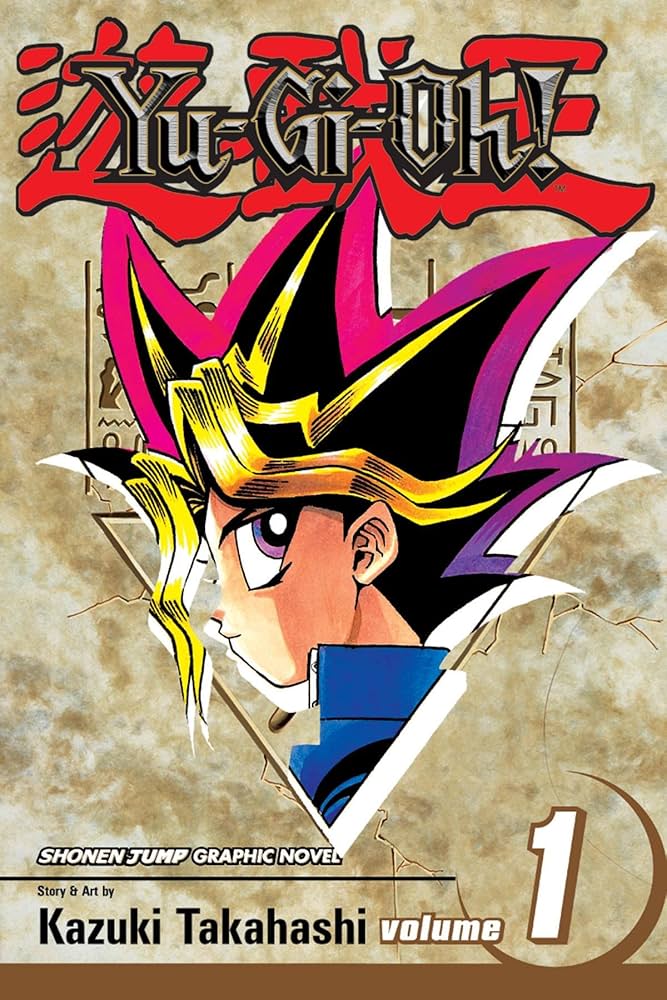 The cover of Yu-Gi-Oh! A boy with blonde hair in side profile looks out at the reader from a stone tablet.