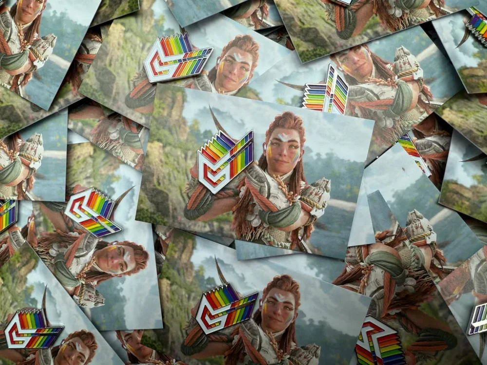 Horizon series developer Guerrilla Games's 2025 Pride Month badge, featuring a card of heroine Aloy with Pride-themed face paint