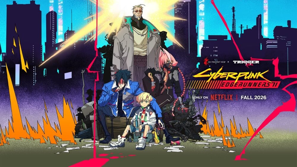 promotional image of Cyberpunk: Edgerunners 2, with the tall veteran mercenary Weak Kinglsey in the back. sitting on on the bottom left is the former nomad and netrunner D, smoking a cigarette. To the right is the pink-haired maelstrom gang member, Talia Yang. In the center is the young media, Roman Carax, with a handheld camera in the boy's hands.