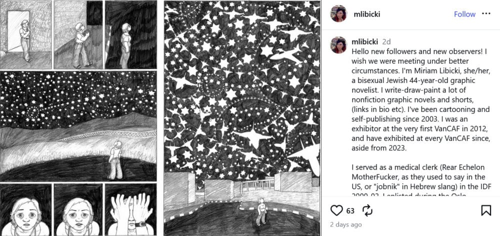 Screenshot of Libicki's response on Instagram, featuring art from Jobnik!