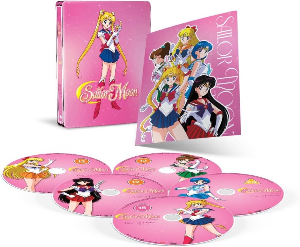 Sailor Moon season 1's UK steelbook cover, discs, and holographic card