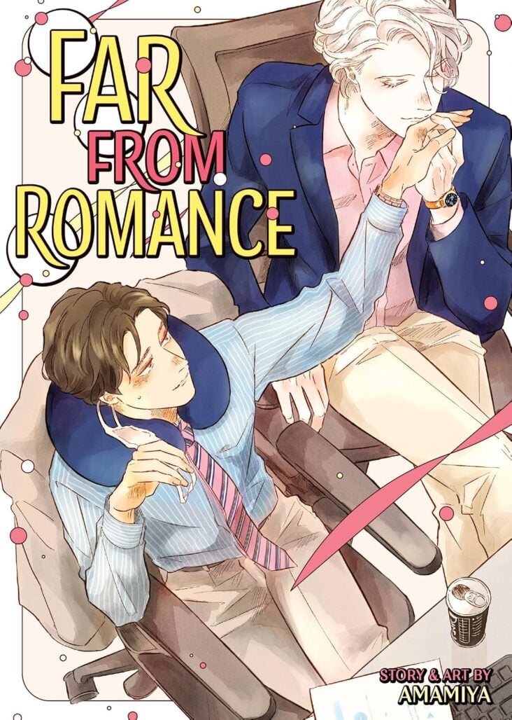 The cover of Far From Romance. A blonde-haired man kisses the hand of another man wearing a tie.