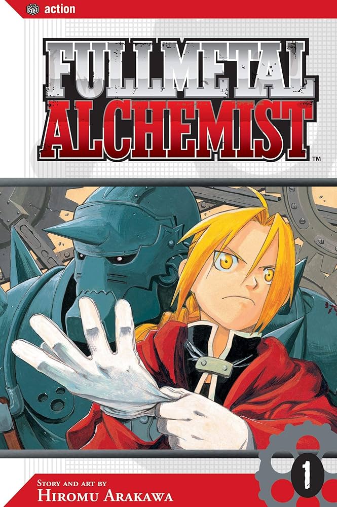 Fullmetal Alchemist cover. A boy with braided blond hair adjusts his white glove. A suit of armor towers behind him, while gears clink in the background.