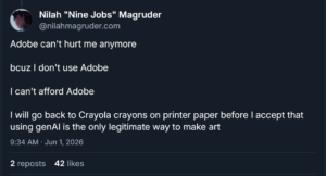 Bluesky post angry at Adobe