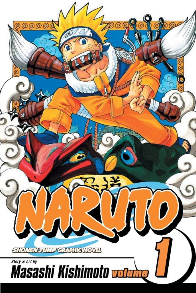 The cover of Naruto. A boy in an orange jumpsuit runs by as he makes a ninja sign with his hands. He holds a scroll in his mouth. Two large frogs look up from below.