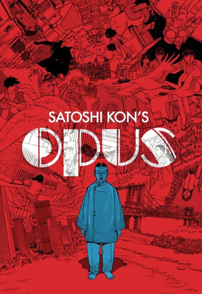 The cover of Opus. A man wearing a mask, colored in blue, stands in front of a chaotic, collapsing red background.
