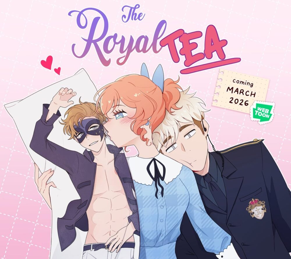 An advertisement for The Royal Tea. A woman with red hair kisses a daikamura pillow of a man with abs wearing a mask. Another man leans on her shoulder.