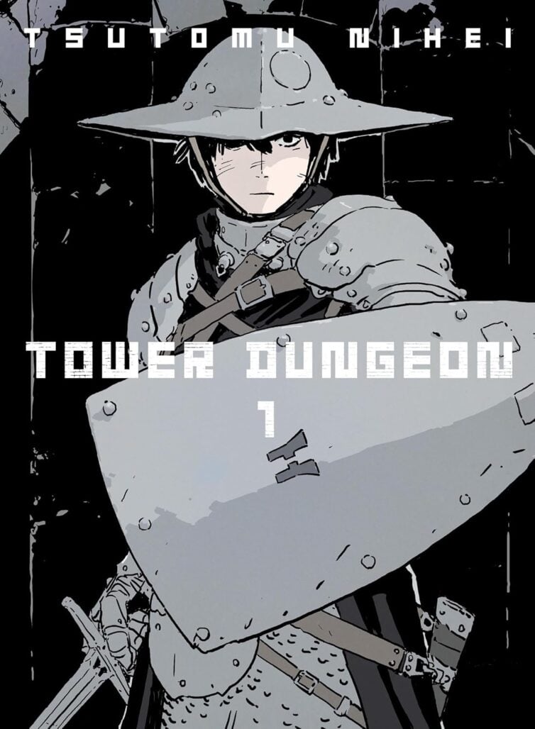 The cover of Tower Dungeon. A man wearing a helmet with a brim poses with a shield.