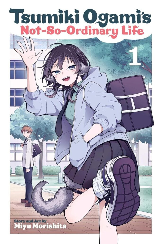 The cover of Tsumiki Ogami's Not-So-Ordinary Life. A girl with fluffy grey ears and a tail waves at the reader. A bag is slung over her shoulder. Meanwhile, a nondescript boy looks out from the lower left corner.