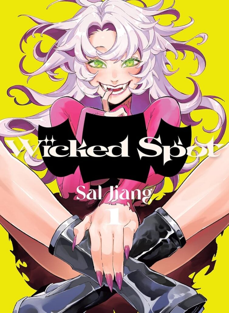 The cover of Wicked Spot. A white-haired woman bites her finger while crossing her legs.
