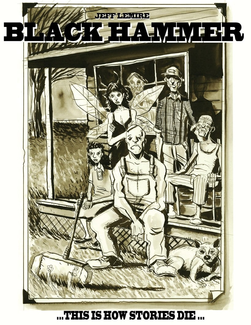 An early version of the Black Hammer cast drawn by Jeff Lemire.