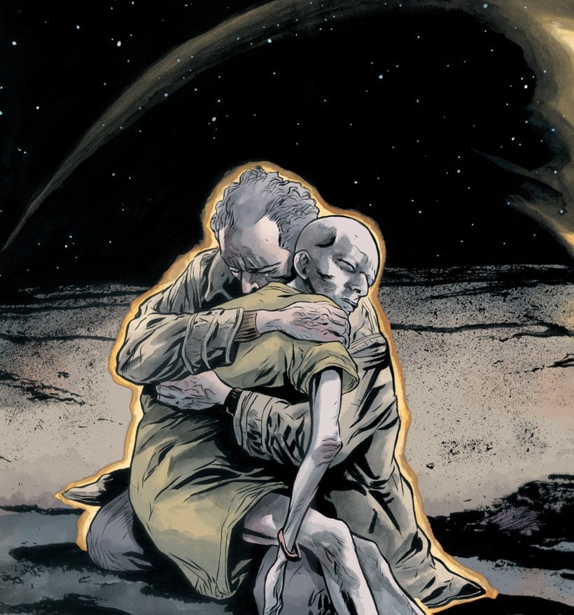 Excerpt from Doctor Andromeda and the Kingdom of Lost Tomorrows. Dr. James Robinson holds his dead son in his arms.