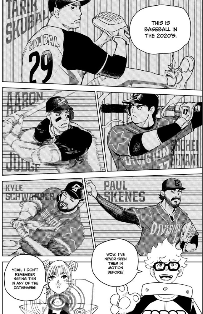 Individual panels of Major League Baseball players in action including Tarik Skubal, Aaron Judge, Shohei Ohtani, Kyle Schwarber, and Paul Skenes. Art by Acky Bright