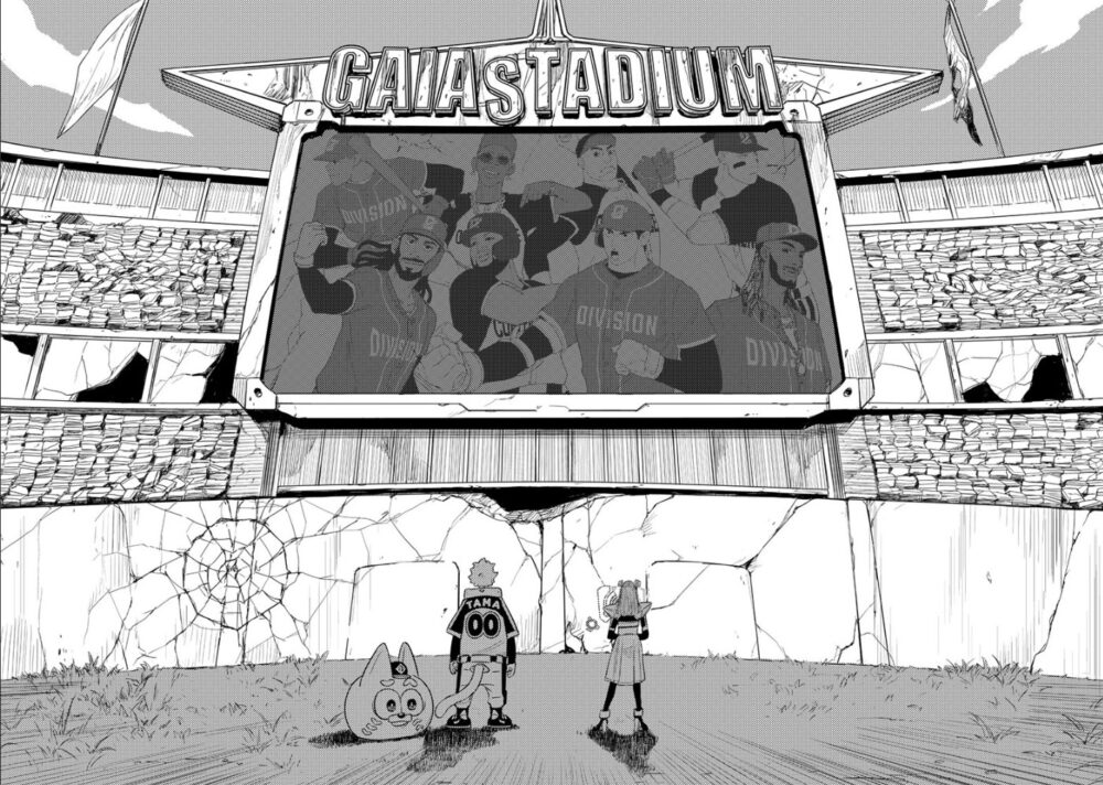 Two people look at a giant screen in a dilapidated baseball park. On the screen are images of Major League Baseball players including Juan Soto, Jazz Chisholm Jr, Aaron Judge, and Shohei Ohtani, among others. Art by Acky Bright