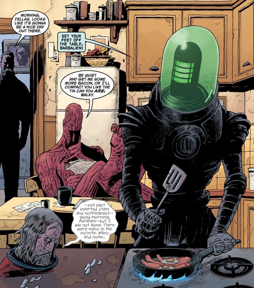 Excerpt from Black Hammer #1. Abe, Barbalien, Colonel Weird, and Talky Walky about to have breakfast.
