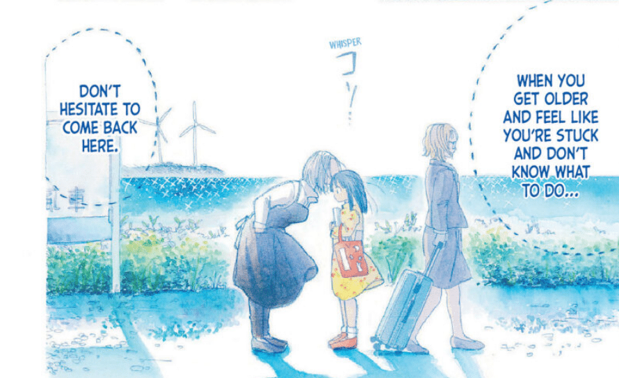 panel from Crescent Moon Marching depicting a flashback where Aunt Yuki tells a younger Mizuki to come back when she feels lost and doesn't know what to do