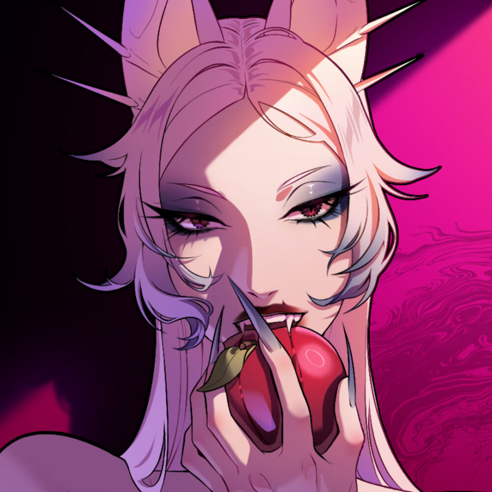 A woman with large ears bites into a red apple with pointy vampiric fangs.