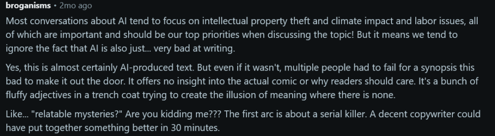 Reddit comment expressing displeasure over AI usage