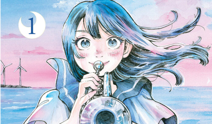 crescentmoonmarchingfeaturesimage crop of cover depicting mizuki holding trumpet and facing the viewer