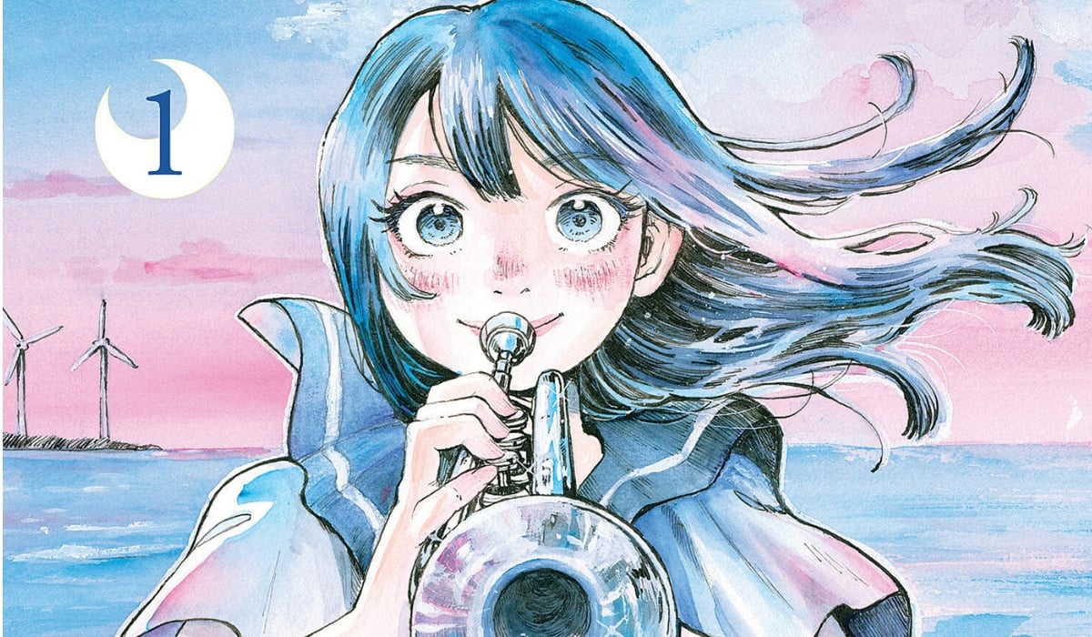 crescentmoonmarchingfeaturesimage crop of cover depicting mizuki holding trumpet and facing the viewer