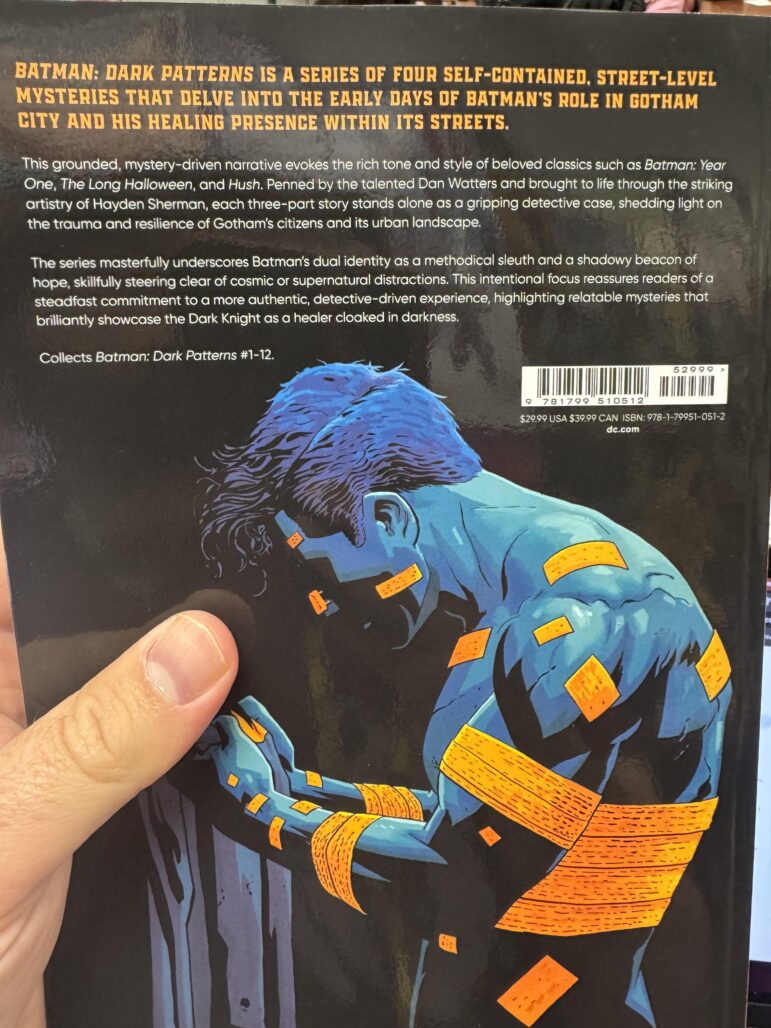 The original back cover copy for the Batman: Dark Patterns trade