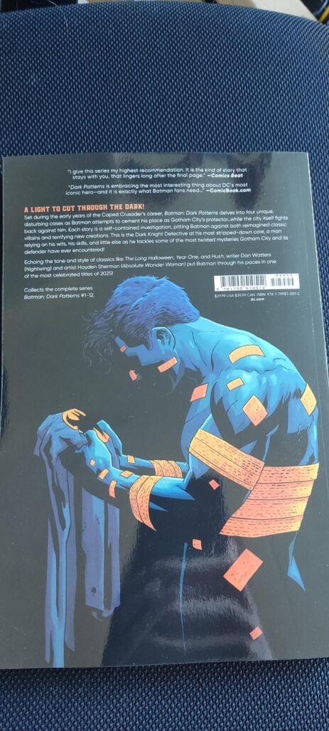 The revised back cover copy for the Batman: Dark Patterns trade