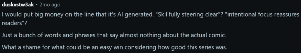 Reddit comment expressing displeasure over AI usage
