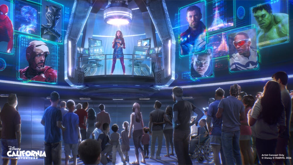 Avengers Infinity Defense concept art, featuring Ms. Marvel (Iman Vellani) briefing guests