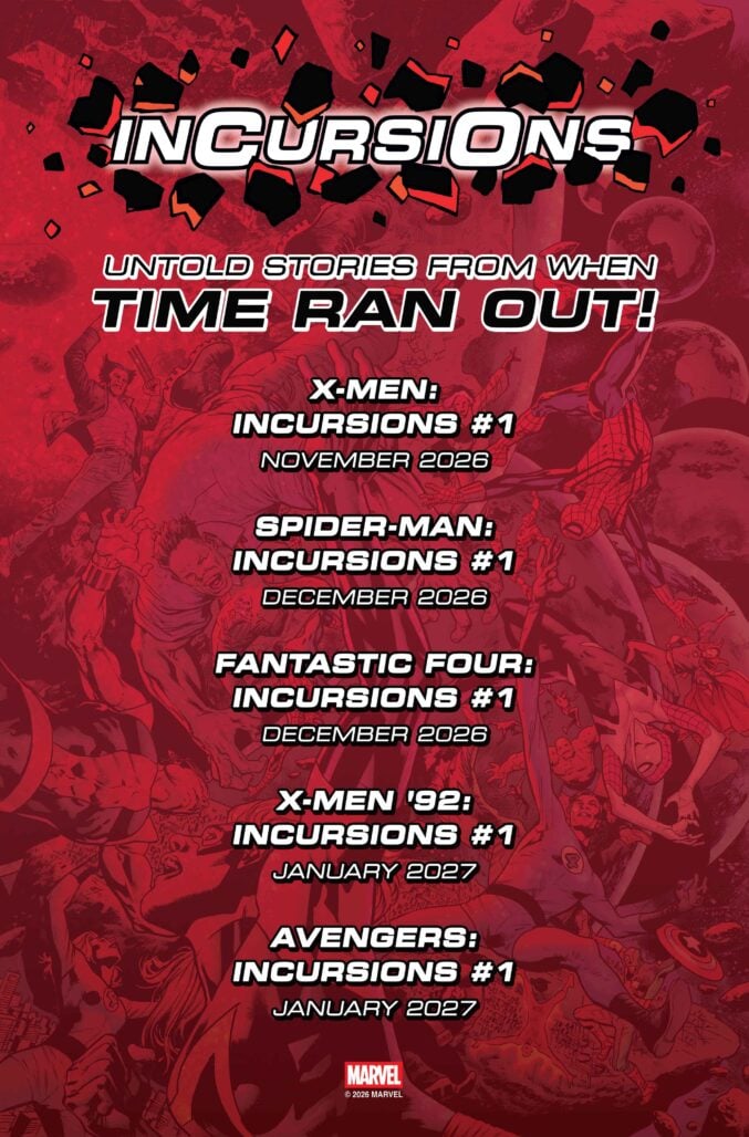 The checklist for Marvel's Incursions, listing the books against a red version of Hitch's X-Men: Incursions cover
