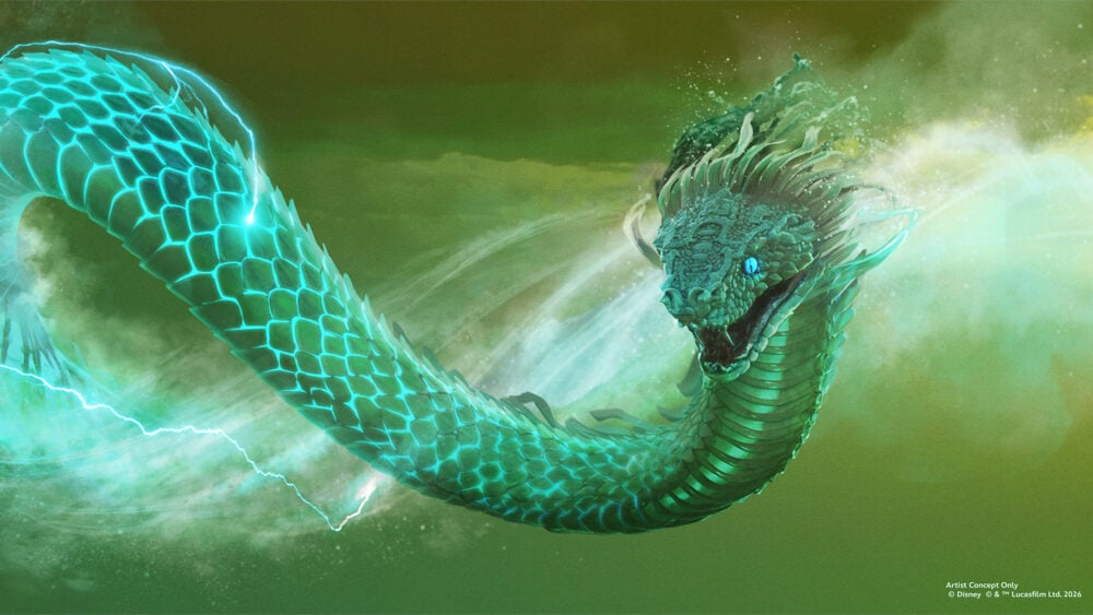 Concept art for the Tsukán animatronic in Indiana Jones and the Myth of the Jade Serpent