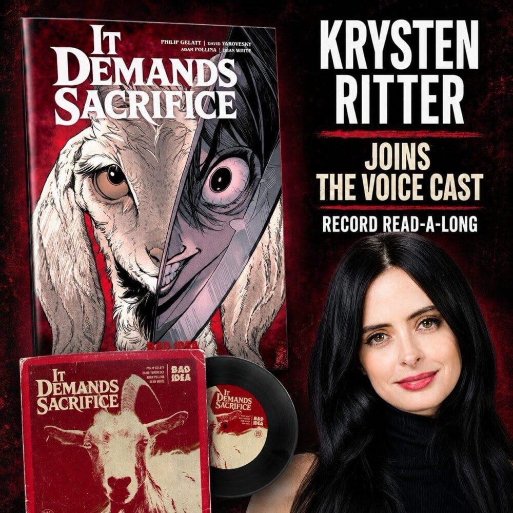 It Demands Sacrifice Record Read-A-Long promo image, featuring Krysten Ritter