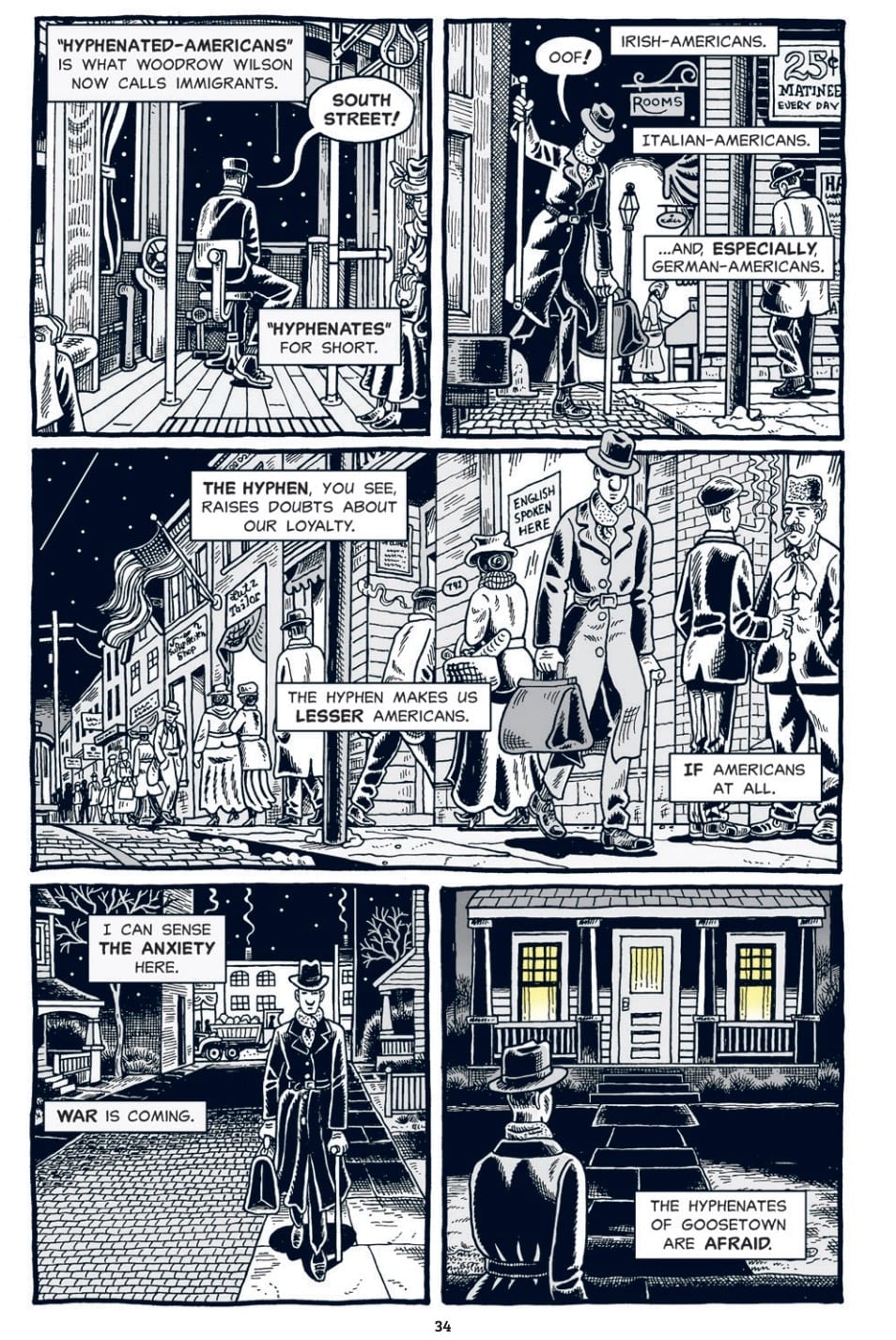 The excerpted page from Dissidents shows protagonist Joe Hertle walking home and musing about the current hostility against immigrants and coming war (in reference to World War I).