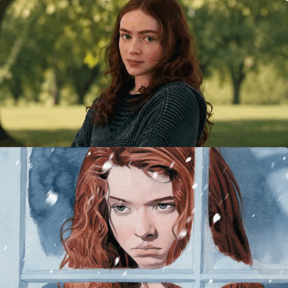 Sadie Sink as Jean grey looking into the camera. Young Jean Grey from X-Men Origins.