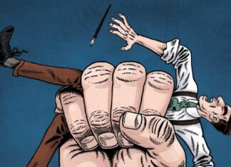 Graphic Novel Review: THE DISSIDENTS gives an unflinching look at a U.S. era similar to our own Cover image of a cartoonist being held by a giant fist