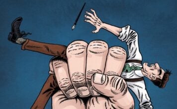 Graphic Novel Review: THE DISSIDENTS gives an unflinching look at a U.S. era similar to our own Cover image of a cartoonist being held by a giant fist