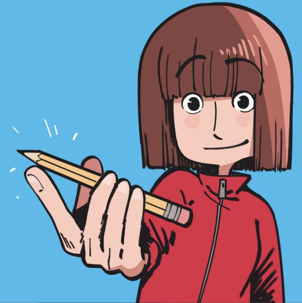 An image from Bande Dead Innate. A girl wearing a red jacket holds up a pencil to the viewer in her hand.