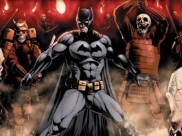 The cover of Batman: Death Mask. Batman fends off an army of skeletons wearing samurai armor.