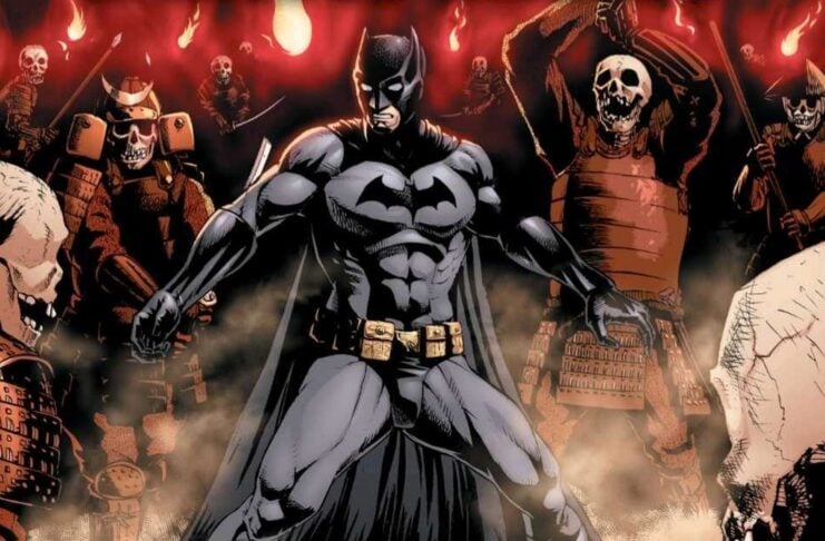 The cover of Batman: Death Mask. Batman fends off an army of skeletons wearing samurai armor.