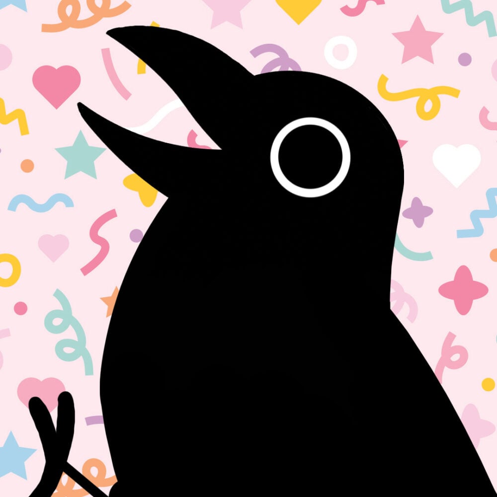 An image from Crow Time. A crow smiles against a celebratory background of falling confetti.